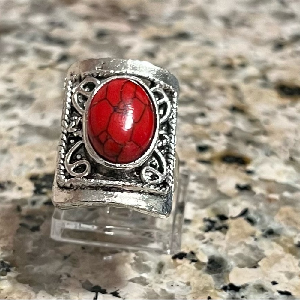 Silver and Red Stone Women's Adjustable Ring - Picture 1 of 2